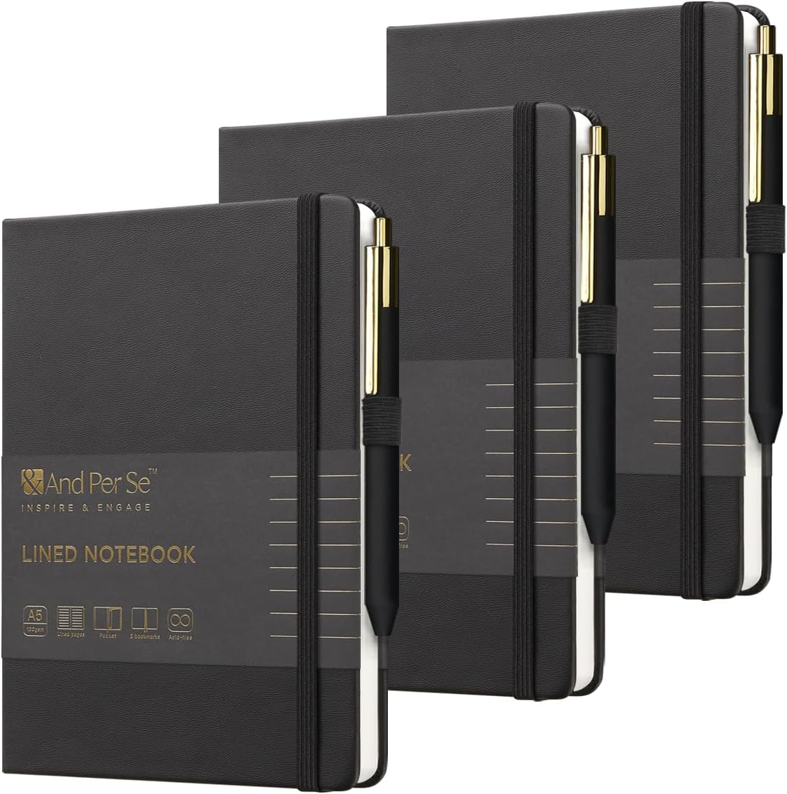 &And Per Se Lined Journal and Pen Set (3 packs), A5 Leather Journal Stationery Set, 160 Pages 100GSM Thick Paper, Notebook Gift Set (Black)