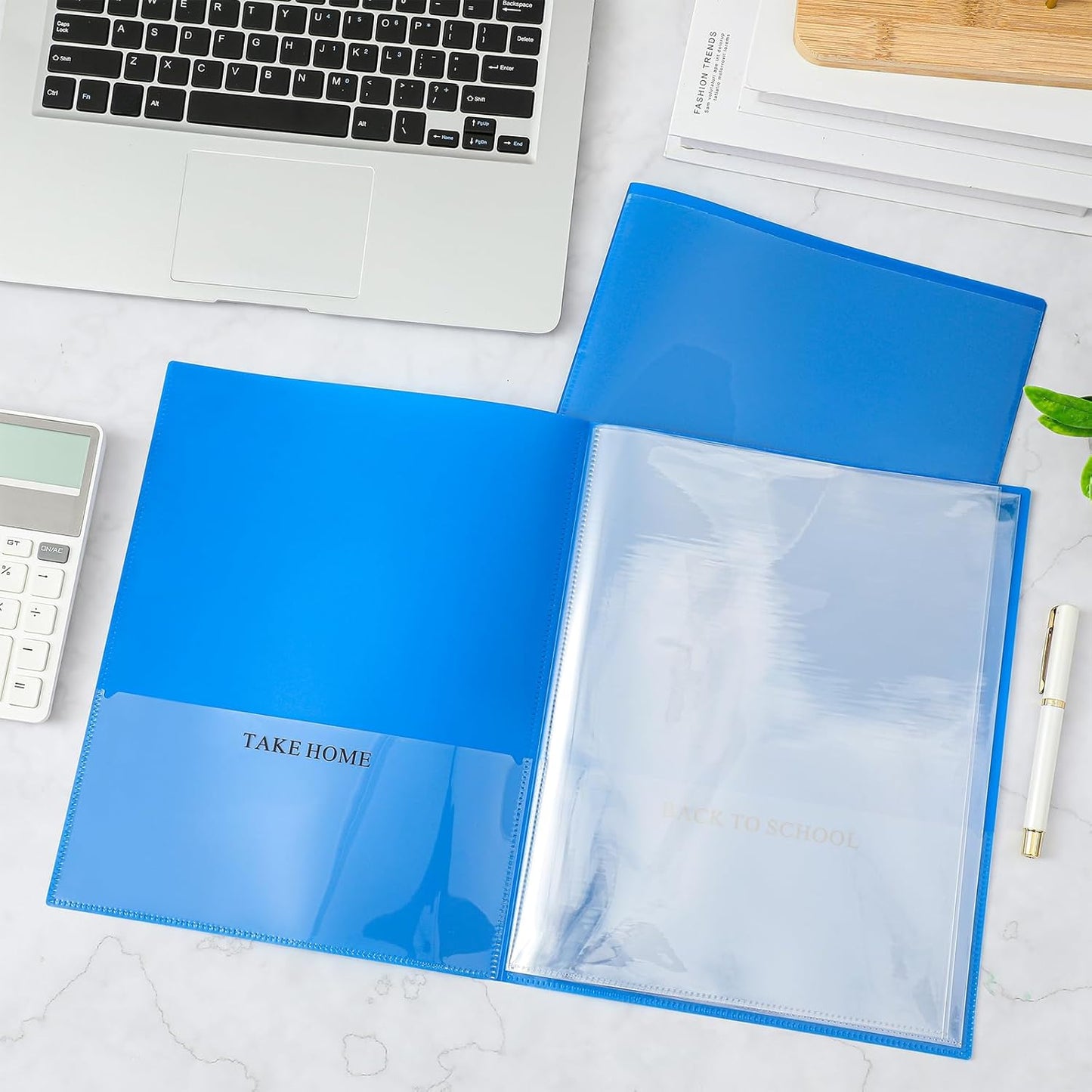 Henoyso 24 Pcs School and Home 2 Pocket Folders with 4 Clear Inner Pockets Plastic Heavy Duty Homework Folders Parent Teacher Communication for Student Home Office Classroom,11 x 9 Inch (Blue)