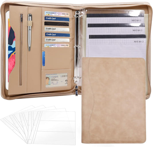 3-Ring Padfolio Portfolio Binder Organizer,PU Leather Folder Binder Business Planner Notebook Zippered Portfolio for Women/Men with Document Sleeve,Letter/A4 Size Clipboard