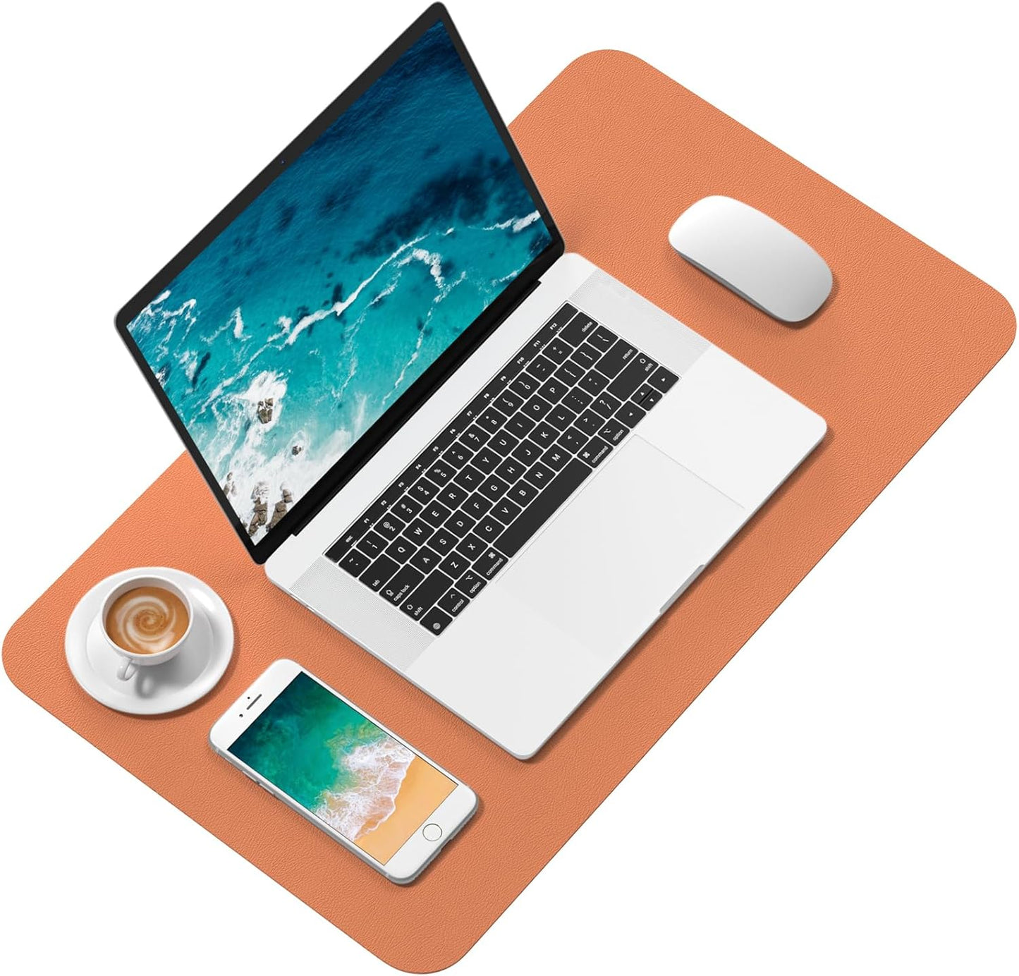 Hsurbtra Desk Pad, 23.6" x 13.8" PU Leather Desk Mat, M Extended Mouse Pad, Waterproof Desktop Blotter Protector, Non-Slip Ultra Thin Small Laptop Keyboard Writing Mat for Office Home, Orange Pink