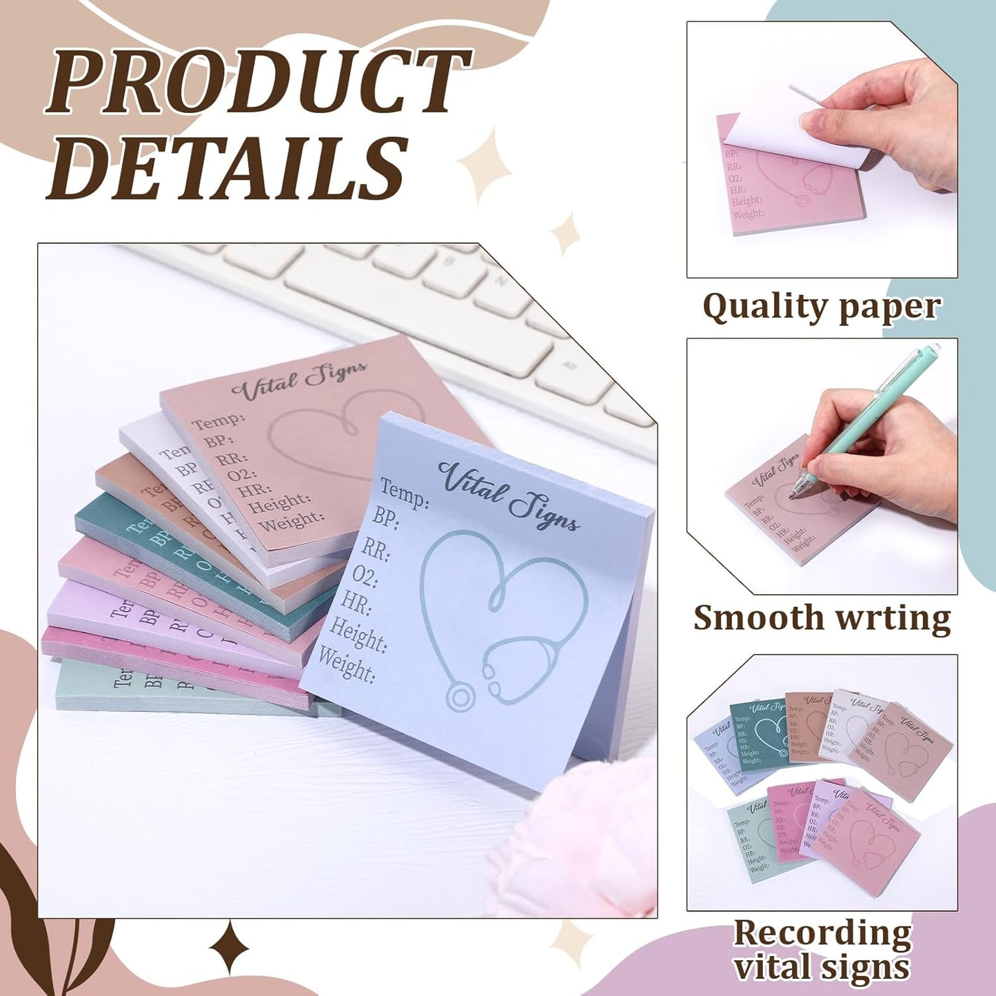 9 Pads Vital Signs Sticky Notes 3x3 Inch Cute Self Stick Notepads Notes Adhesive Memo Pad Office Decor Gifts for Students School Teacher Meeting Office Supplies