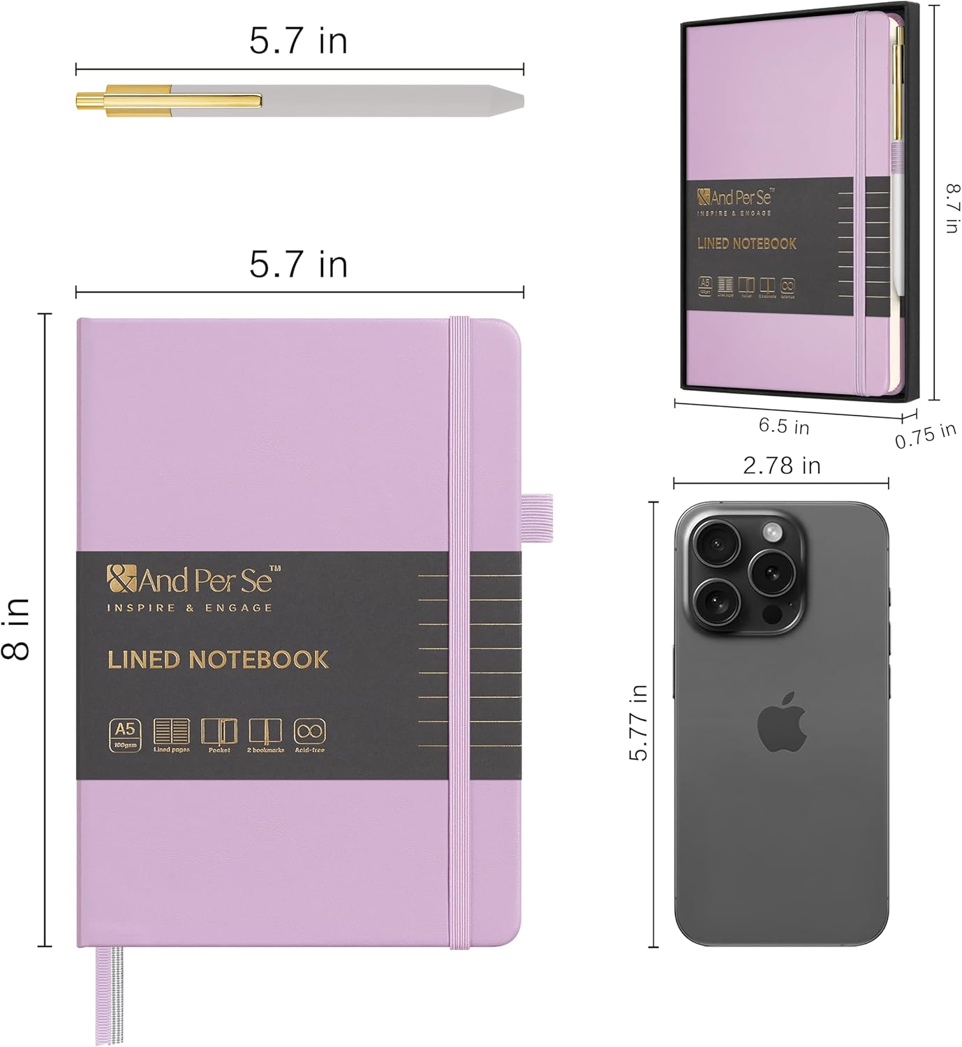 &And Per Se Lined Journal and Pen Set, A5 Leather Journal Stationery Set, 160 Pages 100GSM Thick Paper, Notebook Gift Set (Purple)