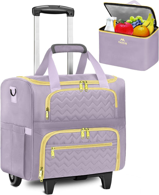 MATEIN Rolling Briefcase for Women, Rolling Work Bag with Wheels & Detachable Cart Fit 15.6 Inch Laptop, Roller Laptop Tote Bag with Insulated Lunch Box for Teacher Commute Office Work College, Purple