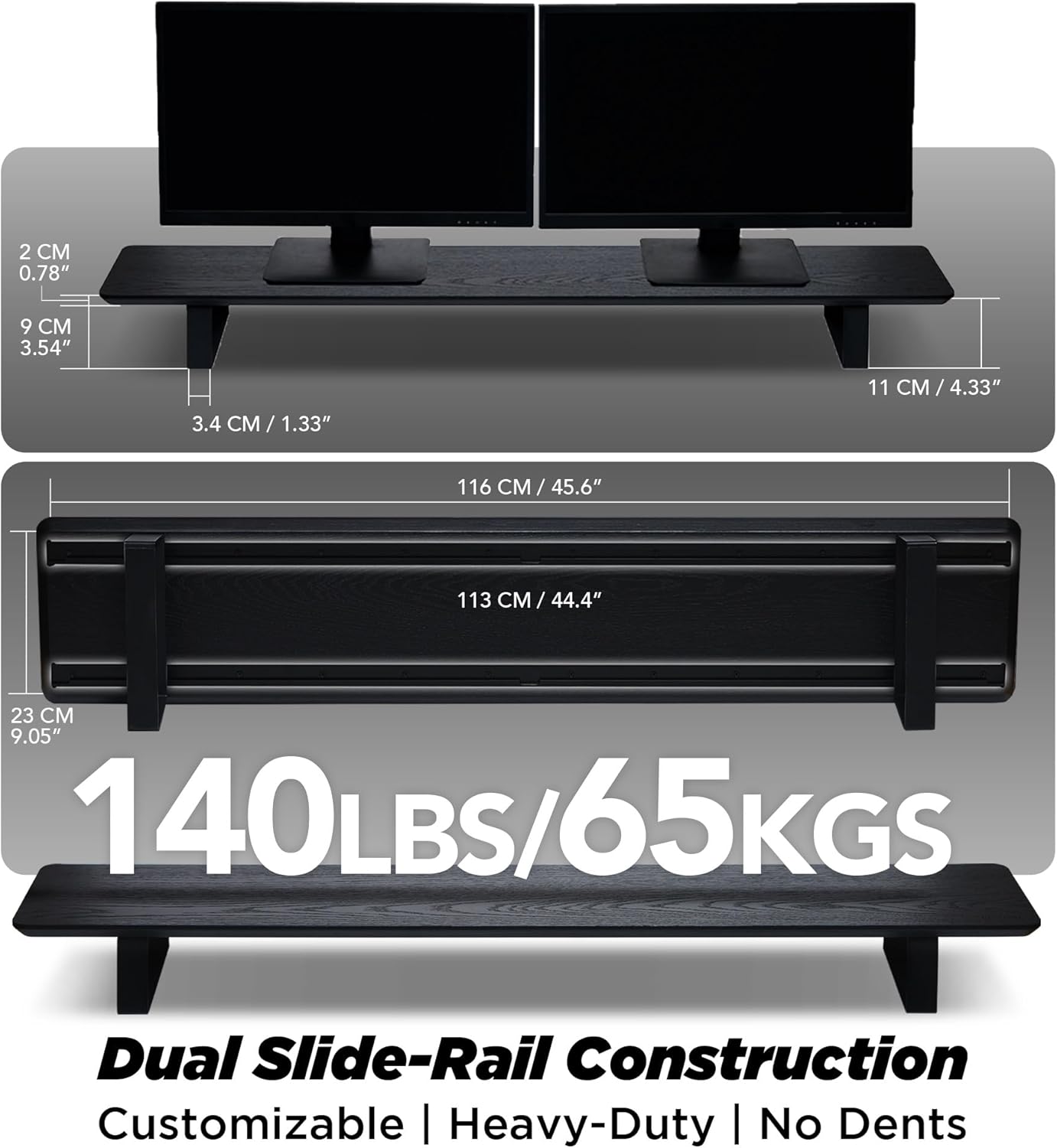 Moodular Wooden Monitor Stand 45.6” (116cm) Large Desk Organizer with Metal Slide Rails for Drawer, Tray, Laptop, Tablet, Phone & Headphones Customizable Riser for Organized Workspace Black