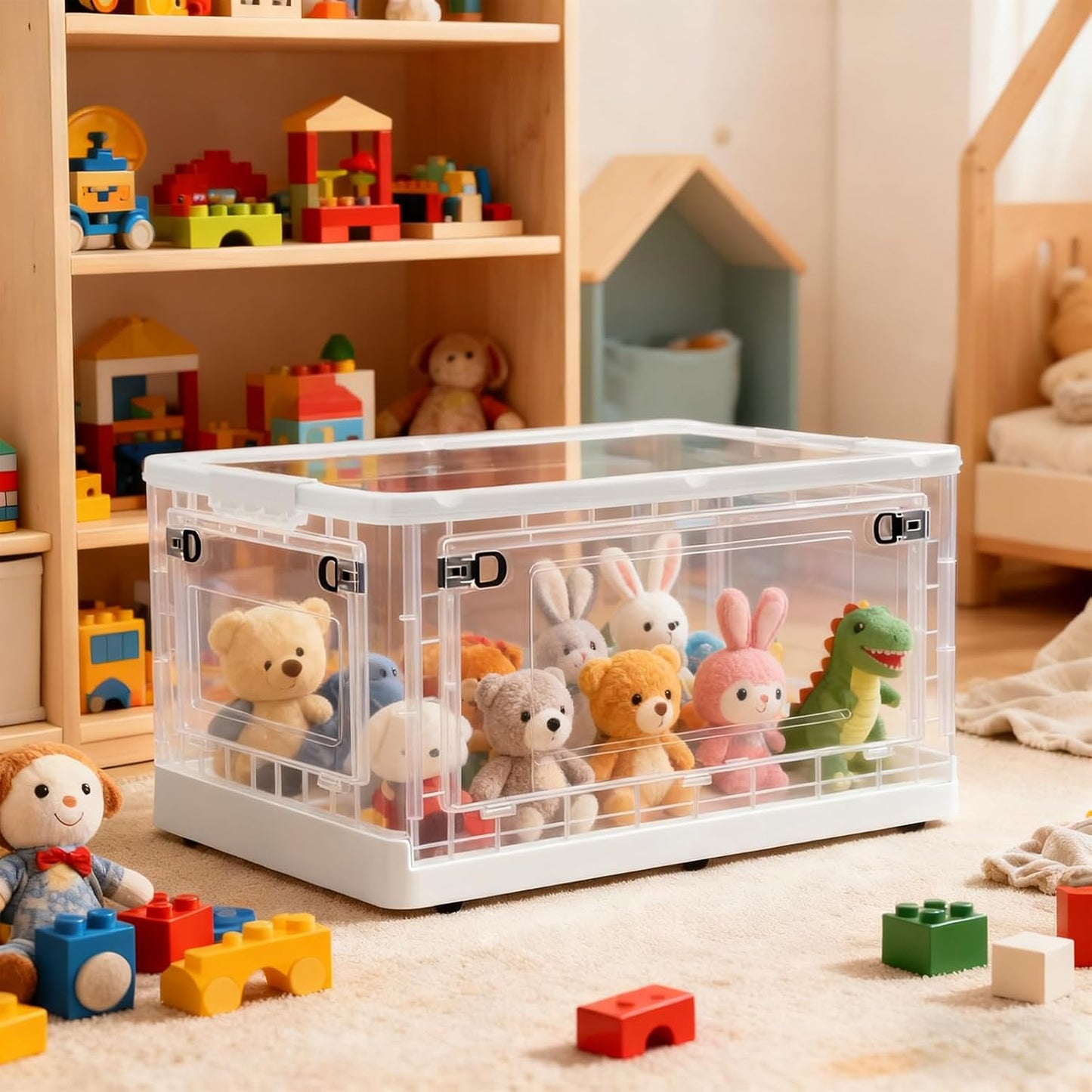 MGWILL 72 Quart Plastic Storage Bins with Lids & Wheels, Stackable Closet Organizers and Storage 5 Doors, Large Collapsible Storage Boxes, Foldable Clear Storage Containers