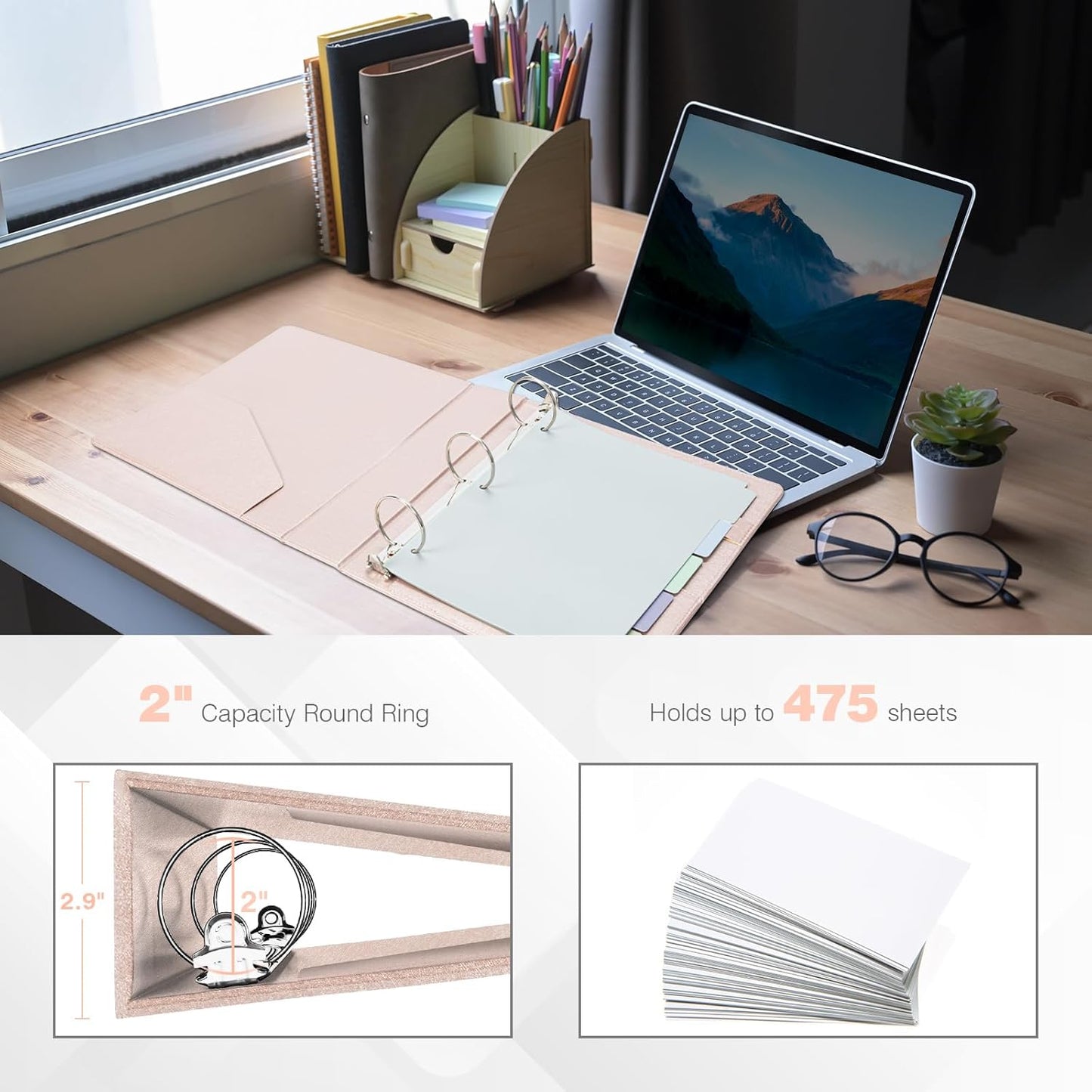 Ospelelf 3 Ring Binder with Clipboard 2 Inch Leather Binder for Letter Size (8.5" x 11"), Clipboard Binder with 5 Tab Dividers Back to School Supply, Rose Gold