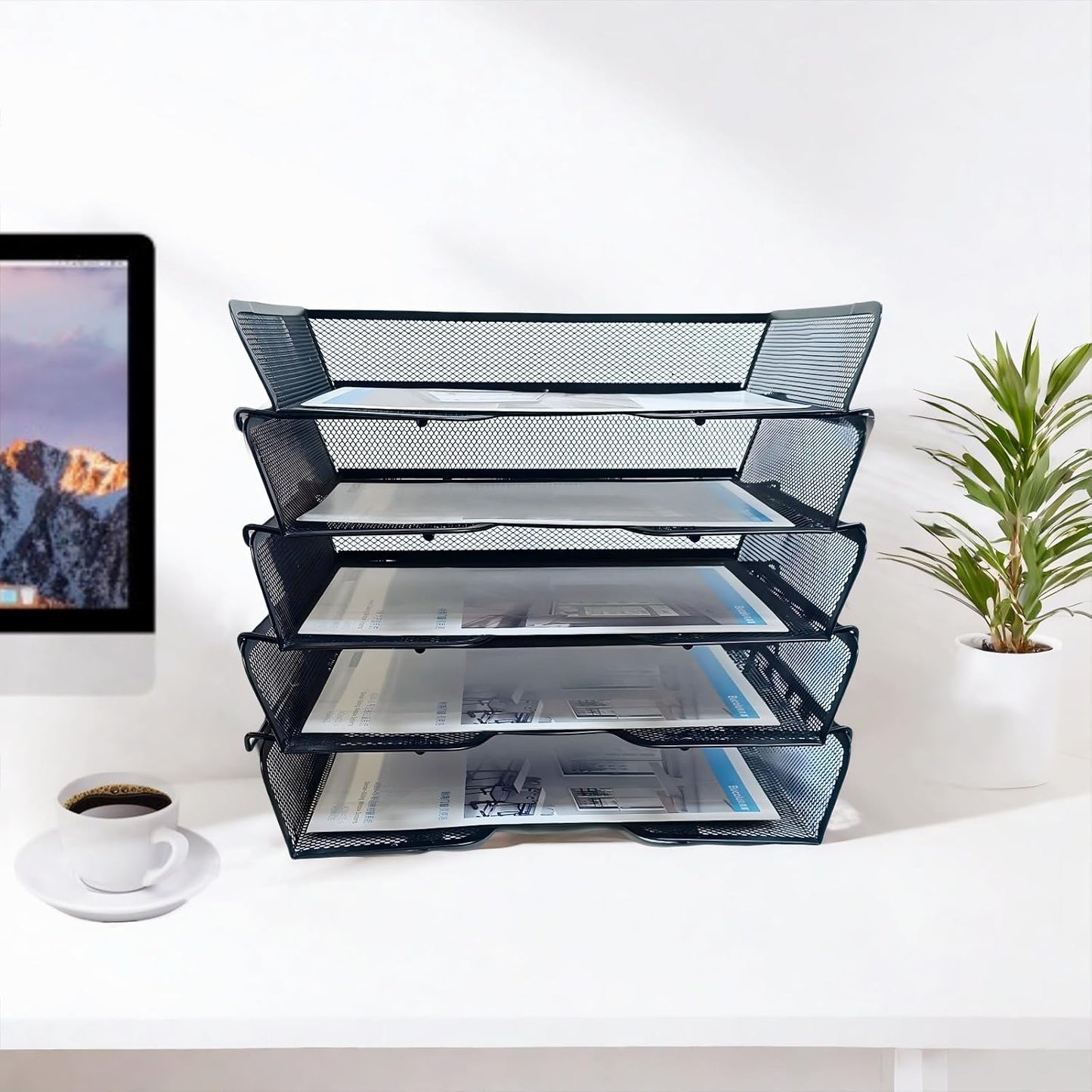 5 Tier Metal Mesh Desk Organizer-Stackable Letter Trays for Office Supplies,Black File Storage System with Reinforced Edges