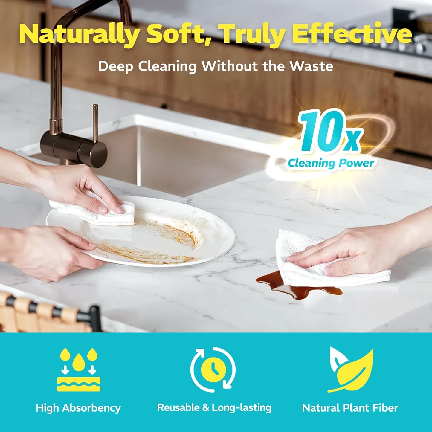 Plant-Based Reusable Cleaning Cloth Rolls, Household Hand Wipes, Ultra Absorbent, Scratch Free, Lint Free, Washable Paper Towels for Home, 45 Sheets per Roll, 2-Roll Pack, 8.6 X 11.8 Inches