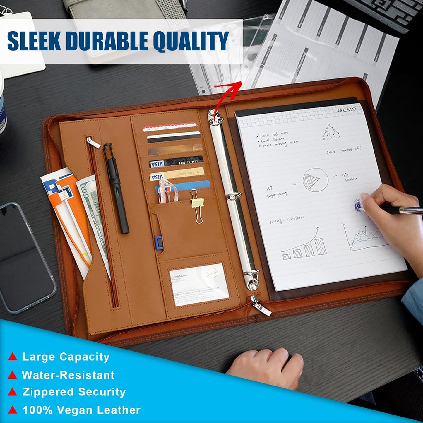 Padfolio Portfolio Folder Binder-Organizer Planner Notebook Zippered Portfolio Padfolio for Women & Men with Document Sleeve,Letter/A4 Size Clipboard,Business Card Holders (Brown-3)