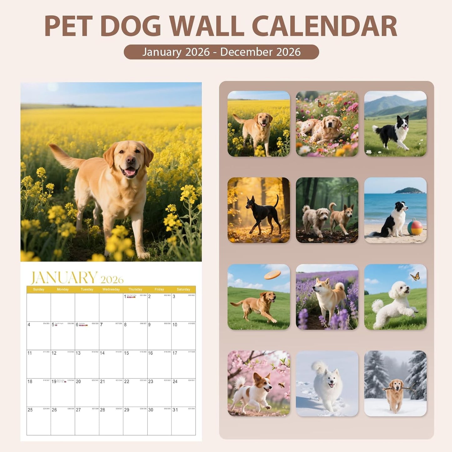2026 Calendar, 2026 Wall Calendar, Monthly Calendars 12 Month Pet Dog 12" x 24" Opened, Thick Glossy Paper for Organizing Planning, Ideal for Home Office
