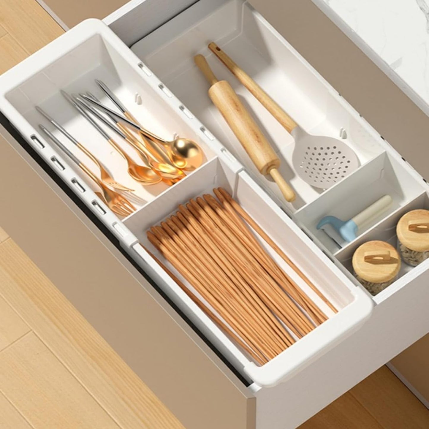 EooUooIP Sliding Drawer Tray with Adjustable Dividers, Expandable Kitchen Storage Organizer, Sliding Drawer Bin, Expandable Drawer Organizer, 2 PCS Drawer Organizer Trays For Utensils, Flatware, Junks