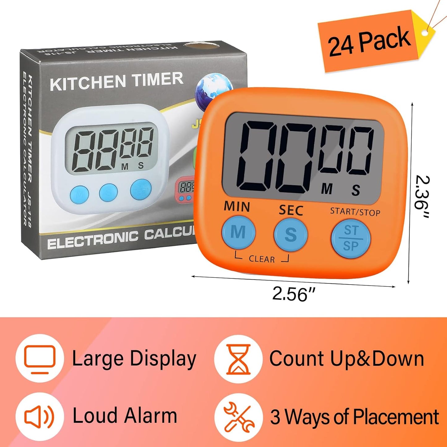 Weewooday 24 Pcs Digital Kitchen Timer Magnetic Timer Bulk On/Off Switch Minute Second Count up Countdown Loud Alarm for Exercise Cook Baking (Pink,Orange)