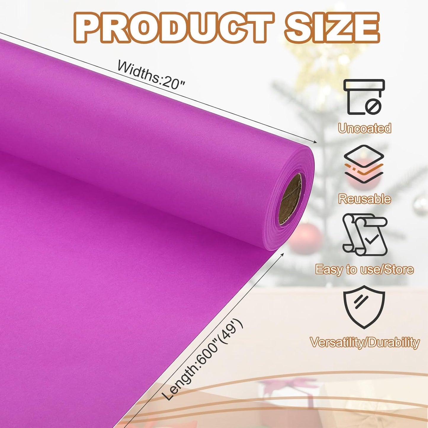 PATIKIL Wrapping Paper, 20" x 600"(49') 70 GSM Craft Paper Roll Kraft Packing Paper for Poster Bulletin Board, Gift Wrapping, Purple