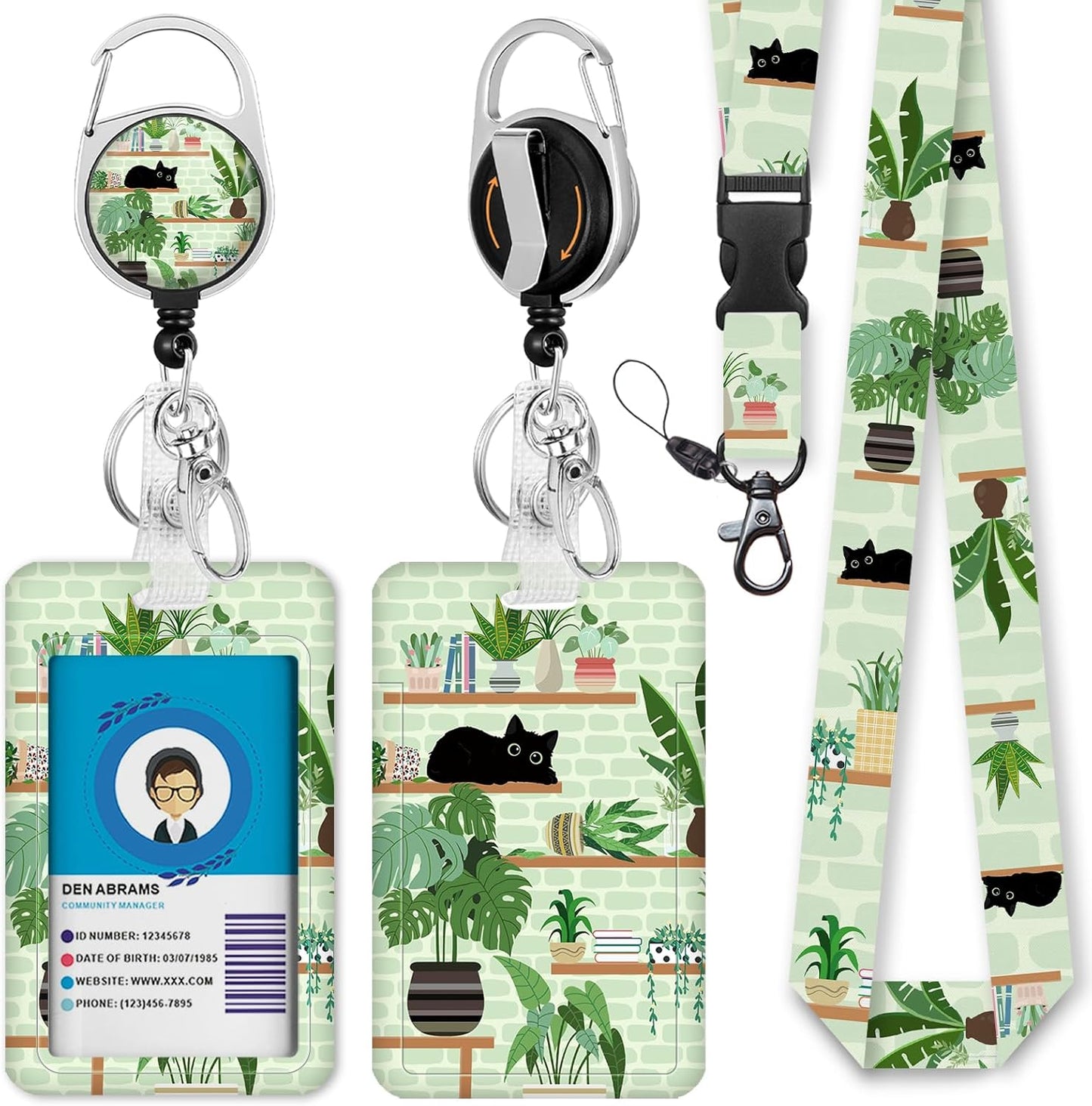 Immaturus Cute Cat Lanyard with Id Holder, Plant ID Badge Holder with Retractable Lanyard, ID Holder with Badge Reel Clips, Animal Keychain Name Tag ID Card Holder Teacher Women Doctor Office Gift