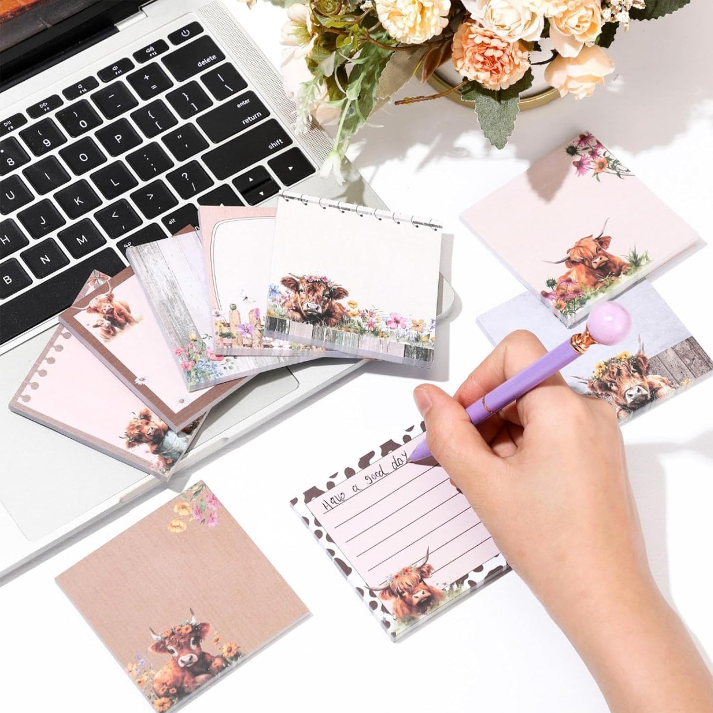 9 Pads Highland Cow Sticky Notes 3x3 Inch Cute Self Stick Notepads Notes Adhesive Memo Pad Office Decor Gifts for Students School Teacher Meeting Office Supplies