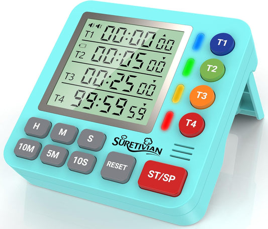 Digital Kitchen Timer for Cooking - 4 Channel Count Up Countdown Timer with Loud Alarm and Silent Mode, Large Display, Magnetic Back, Auto Memory for Classroom Study Gym, Battery Included (Mint Green)