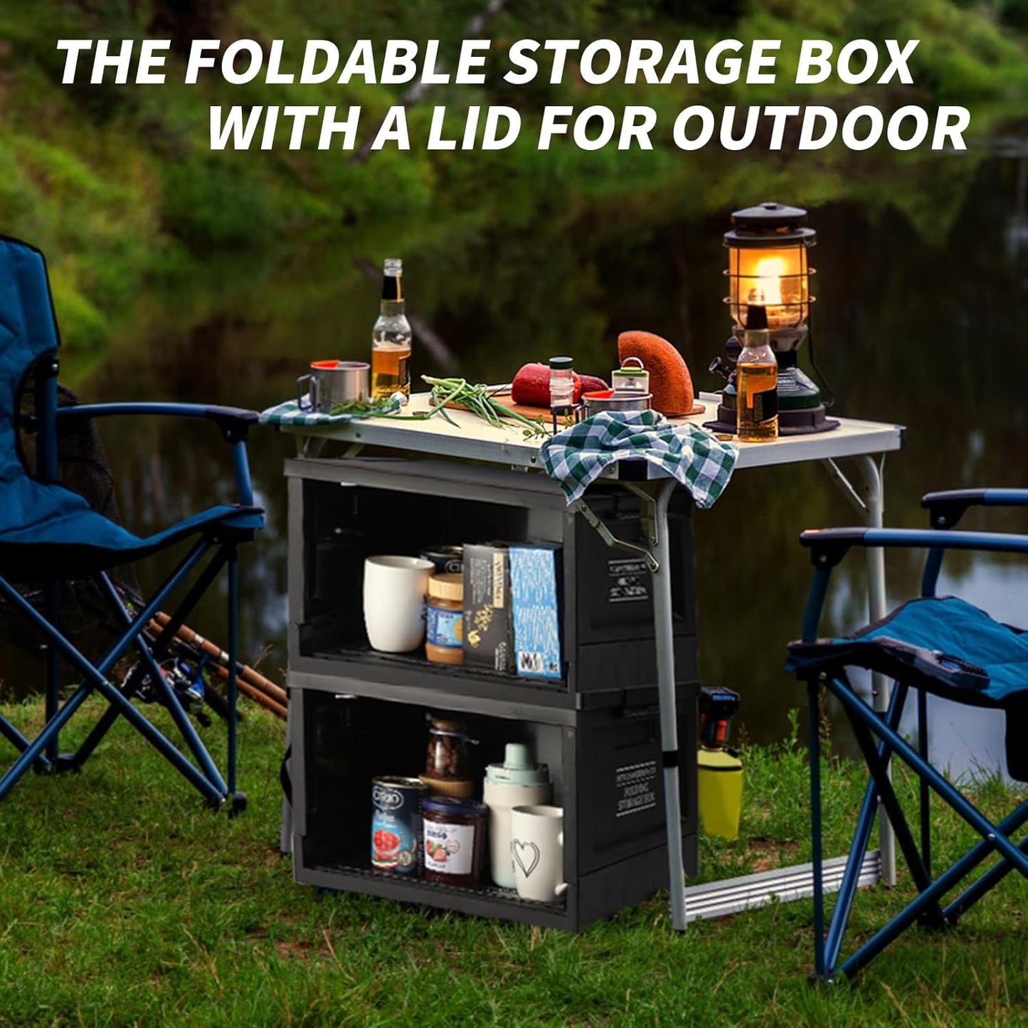 Collapsible Storage Bins with Lids, Portable Foldable Box with 2 Side Doors, Organizing Stackable Storage Cases Large Heavy Duty Utility Crates for Camp Fishing Car RV Office (Large-30L)