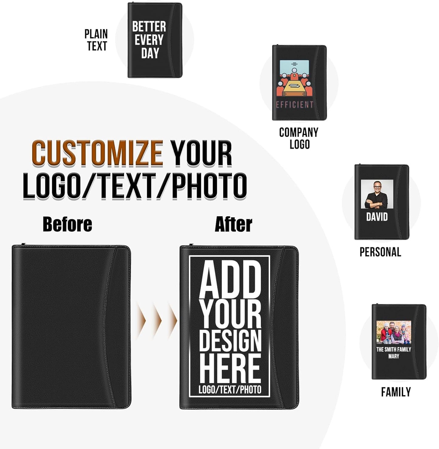 Personalized Portfolio with Zipper Logo Text Photo Custom Business Leather Folder Organizer with Clipboard Card Binder for Men Women Customized Padfolio for Gift Resume Interview Case Office