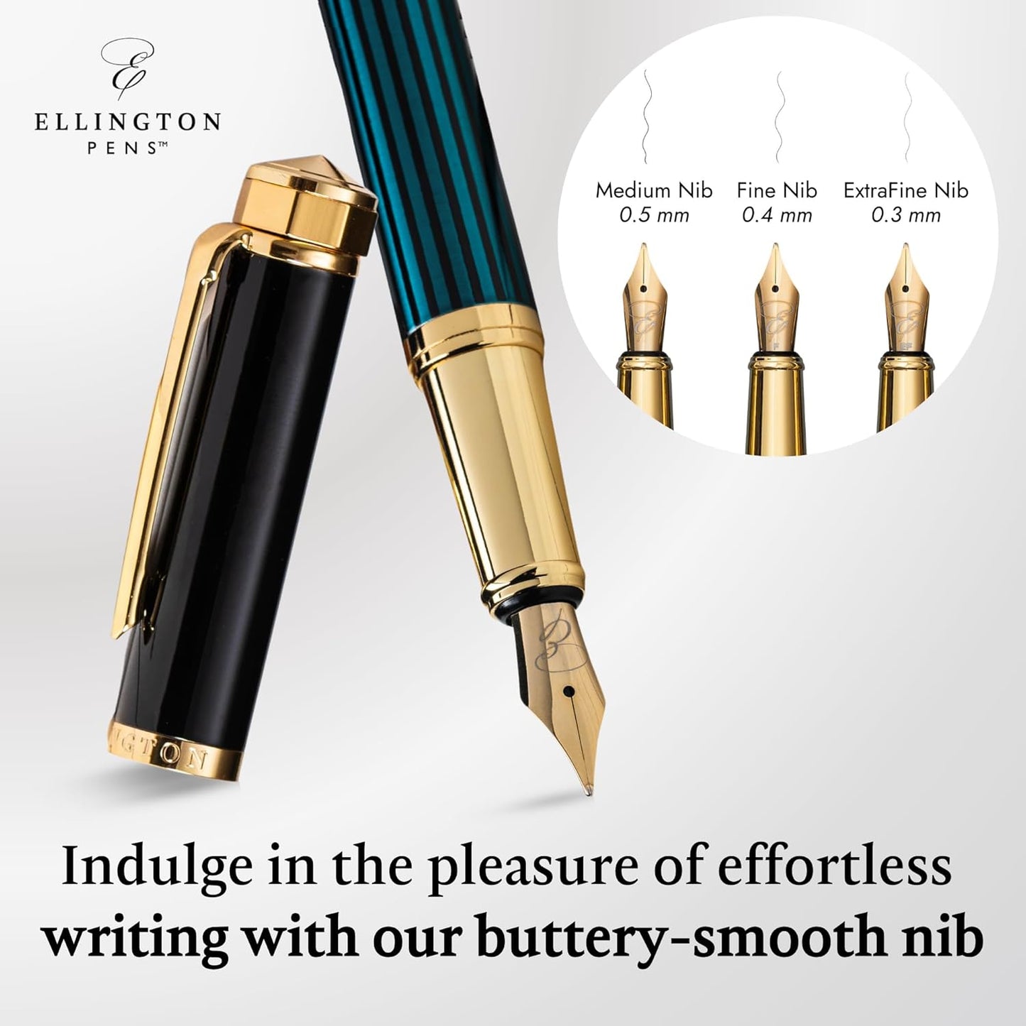 Ellington Pens Luxury Fountain Pen Set - Smooth Medium Nib - Includes 3 Ink Cartridges, Refillable Ink Converter, Gift Box -Fountain Pens For Writing, Calligraphy, Journaling, Sketching (Urban Hunter)