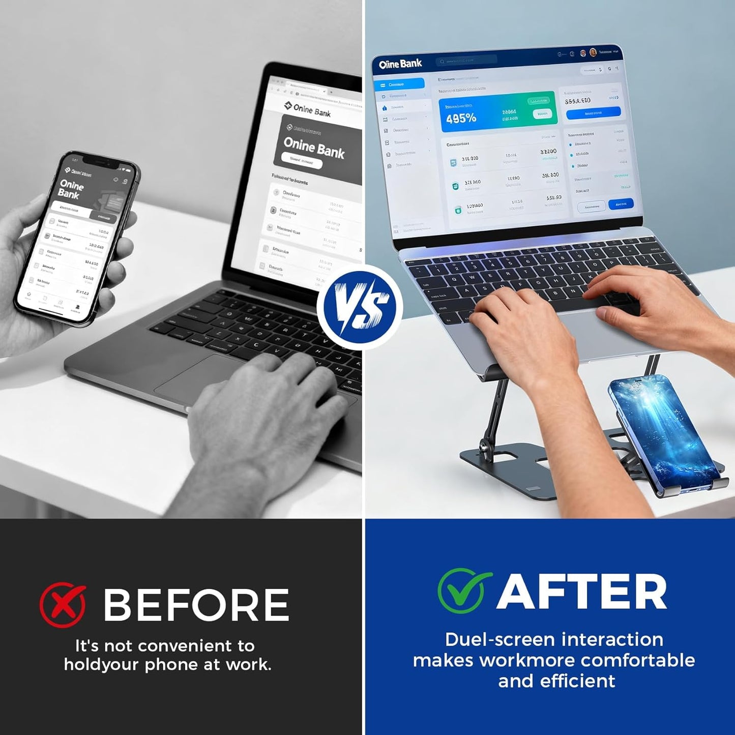 Ergonomic 2-in-1 Laptop Phone Stand for Desk, Adjustable Riser, Sturdy and Portable, Fits All Laptops and Phone (Black)