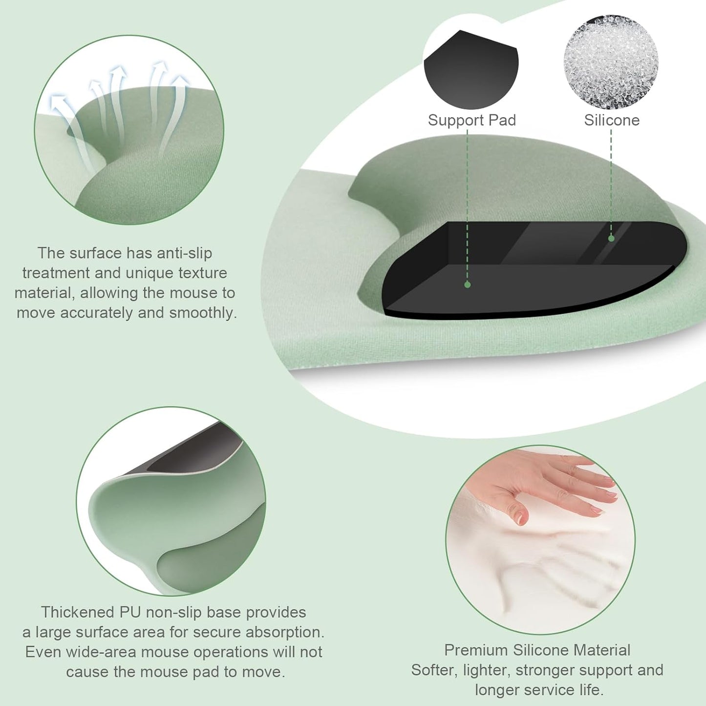 MOSISO Wrist Rest Support for Mouse Pad&Keyboard Set, Circle Curved Ergonomic Mousepad&Coaster Non-Slip Base Home/Office Pain Relief&Easy Typing Pad with Soft Cloth&Silicone Lining, Antique Green