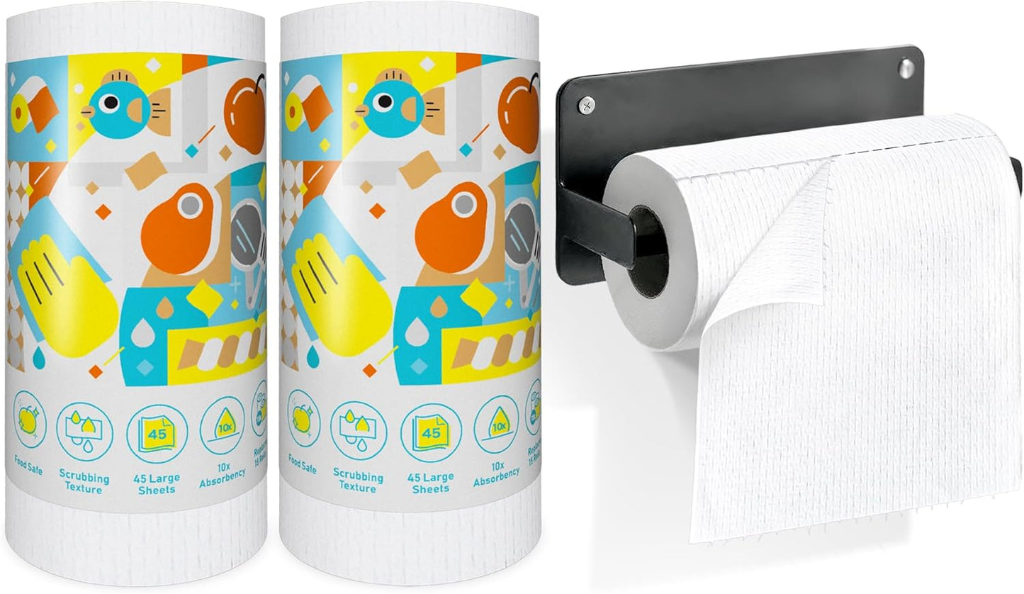 Plant-Based Reusable Cleaning Cloth Rolls, Household Hand Wipes, Ultra Absorbent, Scratch Free, Lint Free, Washable Paper Towels for Home, 45 Sheets per Roll, 2-Roll Pack, 8.6 X 11.8 Inches