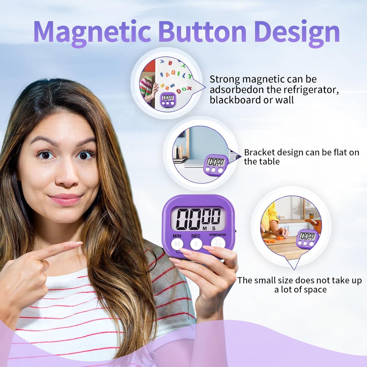 4 Pack Purple Digital Kitchen Timer Magnetic Digital Timer with Big Display Loud Ring Cooking Timers for Cooking, Game, Gym, Break Time, Classroom (4, Pruple)