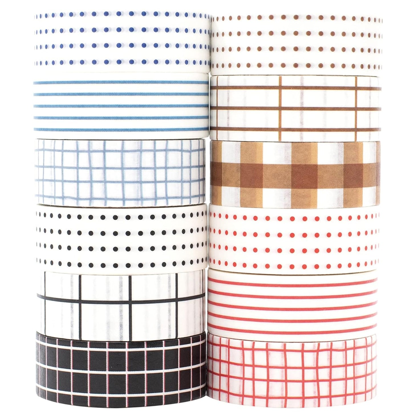 Basic Washi Tape Set 12 Rolls Dot & Grid Decorative Tapes for Journals, Planners, Scrapbooking, Gift Wrapping, DIY Crafts