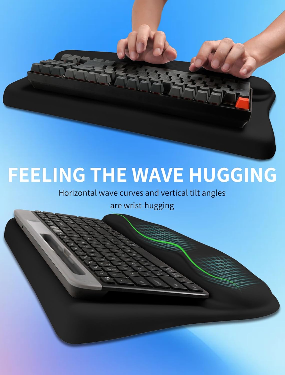 Ergonomic Wave Wrist Rest with Keyboard Stand, Cushioned Palm Rest, Comfortable Integrated Memory Foam for Natural Typing and Relieve Wrist Pain, Dark Night Black