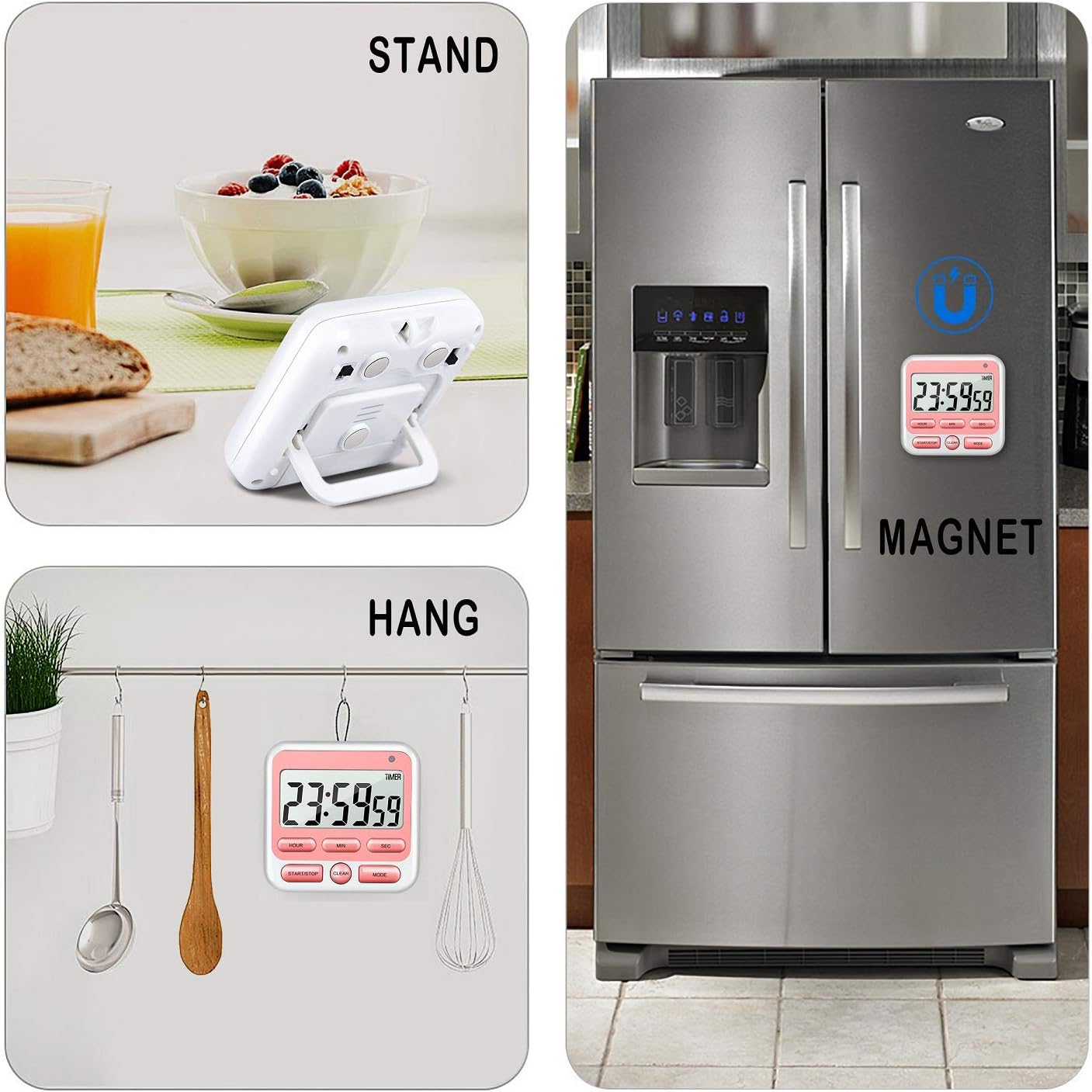 KTKUDY Digital Kitchen Timer with Mute/Loud Alarm Switch ON/Off Switch, 12-Hour Clock & Alarm, Memory Function Count Up & Count Down for Kids Teachers Cooking, Large LCD Display, Strong Magnet (Pink)