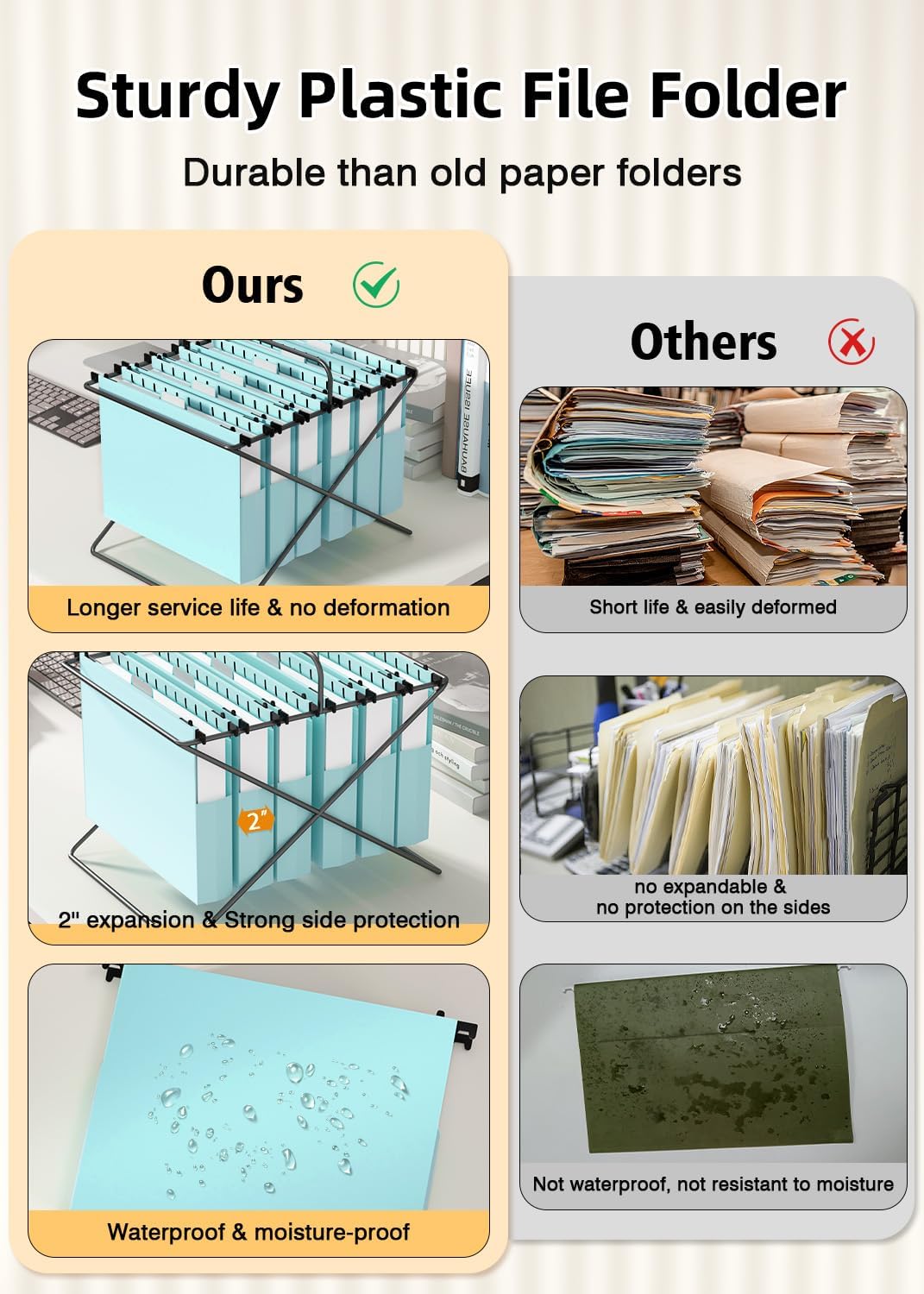 Extra Capacity Plastic Hanging File Folders, 12 Pack Reinforced Hang Folder, Heavy Duty 2 Inch Expansion, Filing Cabinet Folders Letter Size for Bulk Files/Medical Charts(Haze Blue)