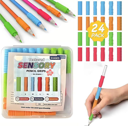 【24PCS】 Four Sizes Silicone Pencil Grips for Kids, Sensory Textured Pencil Grips Fidget Toys, Quiet Handwriting Pencils Sleeve for ADHD, Anxiety & Stress Relief