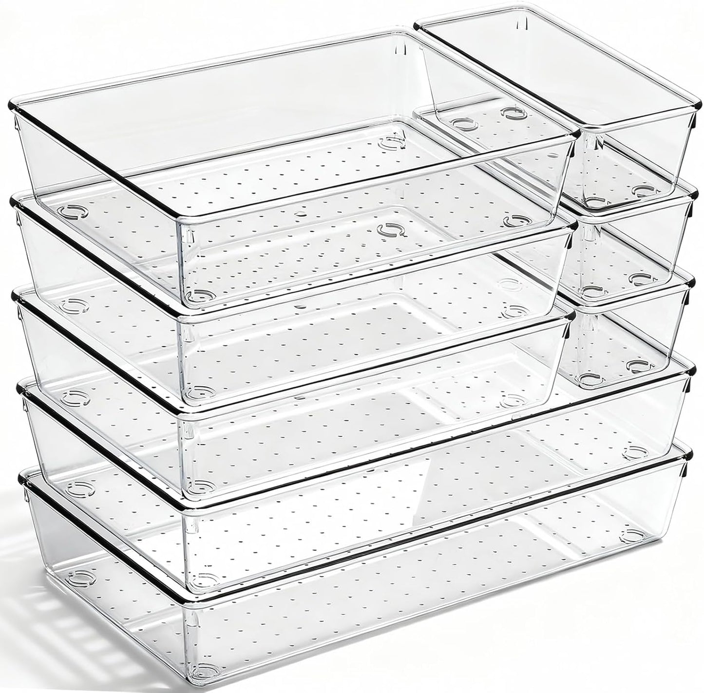 8 Pack Large Clear Plastic Drawer Organizer Bins - Acrylic Bathroom Drawer Organizer Trays - Heavy Duty Kitchen Drawer Dividers for Utensils - Non-Slip Storage Bins for Makeup, Bedroom, Office Desk