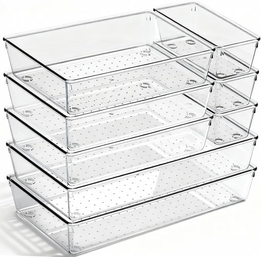 8 Pack Large Clear Plastic Drawer Organizer Bins - Acrylic Bathroom Drawer Organizer Trays - Heavy Duty Kitchen Drawer Dividers for Utensils - Non-Slip Storage Bins for Makeup, Bedroom, Office Desk