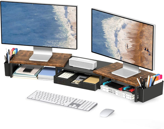 OPNICE Wood Desk Organizers and Accessories, Dual Monitor Stand Riser with Drawer and 2 Pen Holders, Desk Shelf Computer Racks for Office Workspace Organizers, Desktop Organization (Rustic Brown)