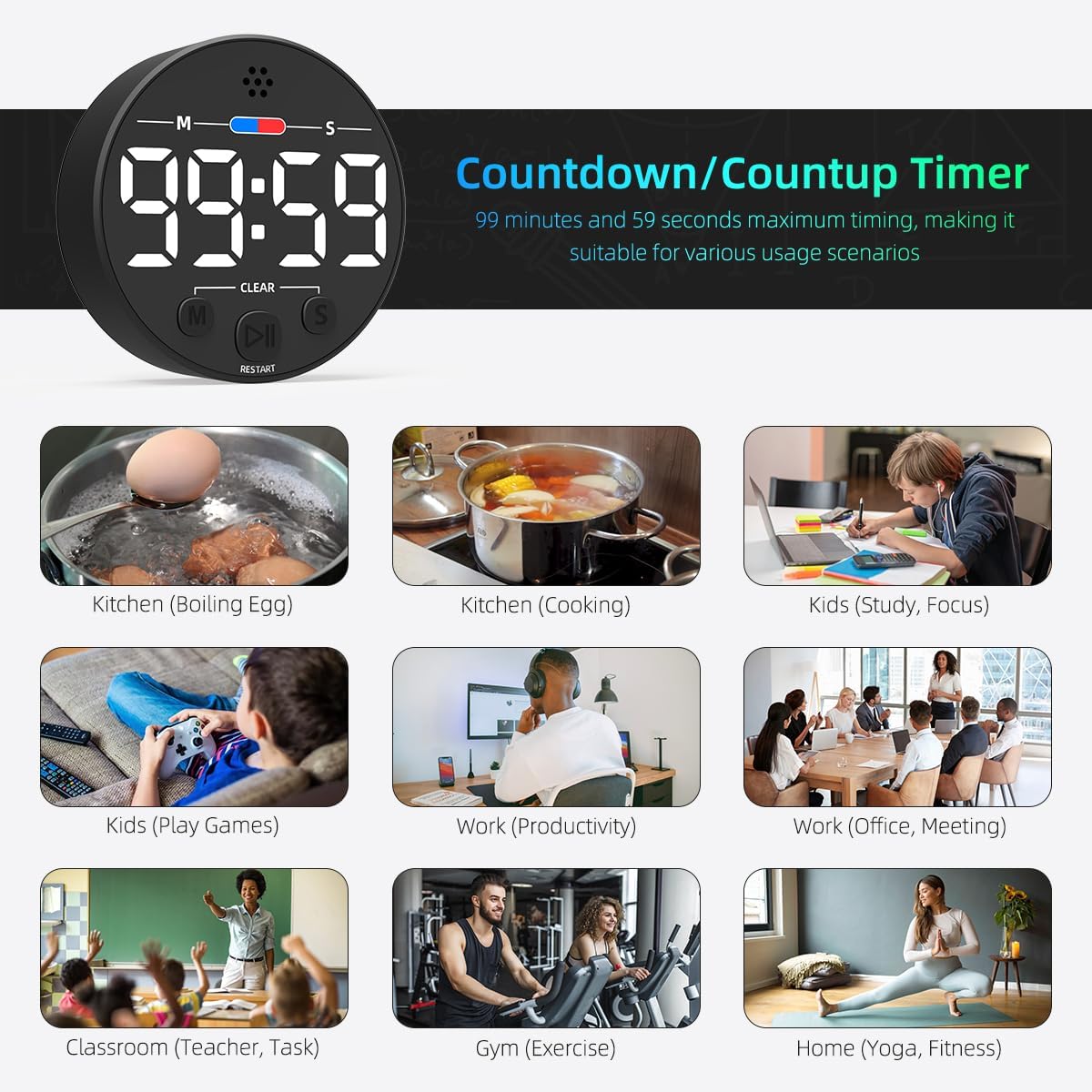 Visual Digital Timer for Kitchen, Classroom, Kids, Productivity, Magnetic Countdown Timer for Egg Cooking, Toddler, Focus, Work, Task, Small Desk Timer with Large LED Display, Super Loud Alarm - White