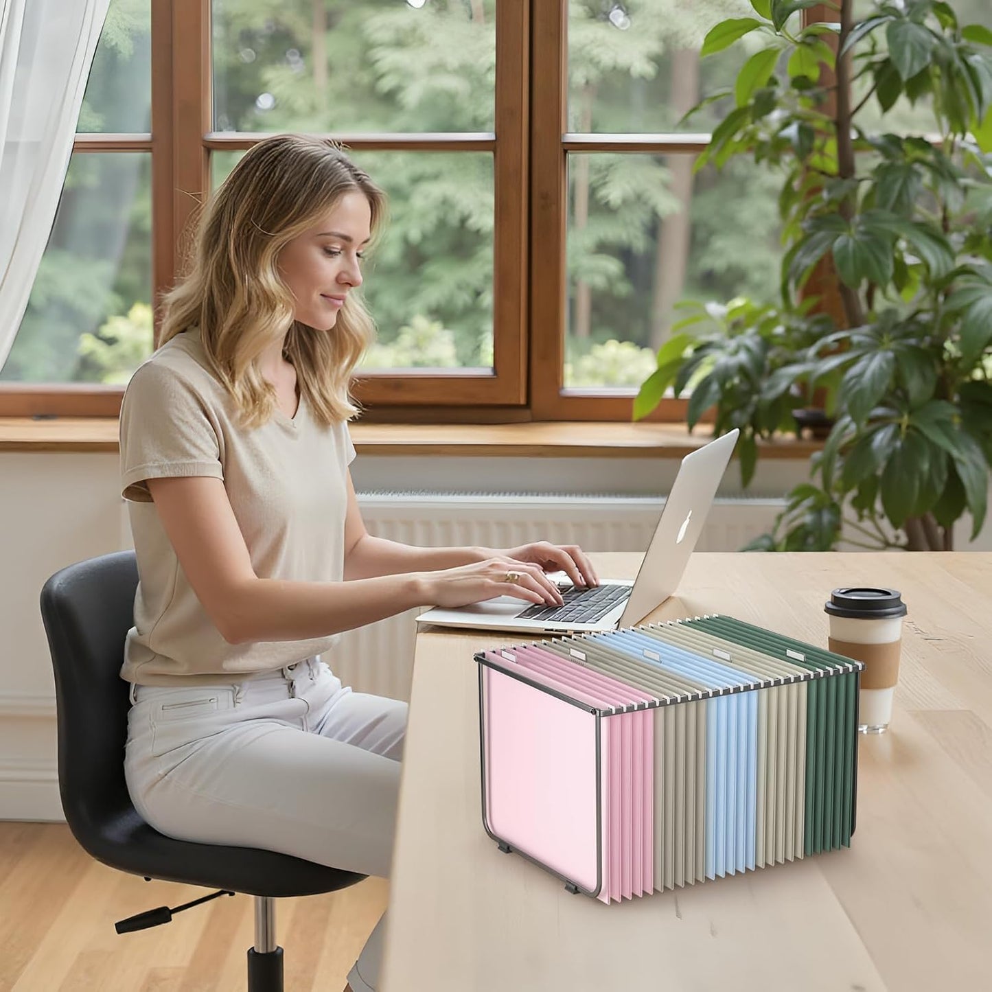 Hanging File Folders Letter Size, Metal File Frame with 50 Pcs Colored Hanging File Folders, 1'' Extension 1/5-Cut Tabs File Organizer Includes Hanging Folders for Desk Office Filing Cabinet