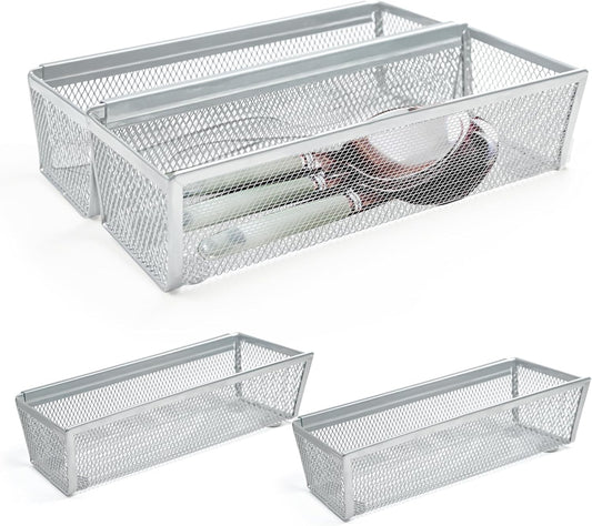 4PCS Drawer Organizer for Kitchen,Utensil Mesh Drawer Organizer with Interlocking Arm for Cosmetic,Flatware,Pen (9 * 3 * 2 Inches,Grey)