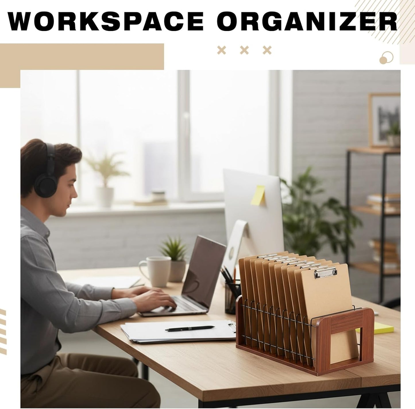 Geelin 1 Pcs Vertical Clipboard Holder, 12 Slot Wooden and Metal Clipboard Organizer, Desk File Organizer Storage Rack, Storage Stand Rack for Home, Office,No Assembly Required (Walnut)