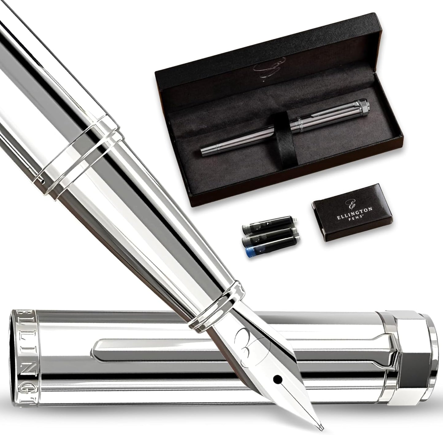Ellington Pens Luxury Fountain Pen Set - Smooth Fine Nib- Includes 3 Ink Cartridges, Refillable Ink Converter, Gift Box- Fountain Pens For Writing, Calligraphy, Journaling, Sketching (Silver Sonata)