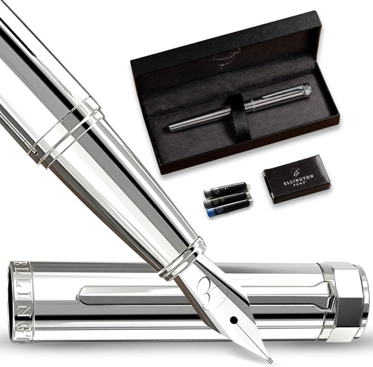 Ellington Pens Luxury Fountain Pen Set - Smooth Fine Nib- Includes 3 Ink Cartridges, Refillable Ink Converter, Gift Box- Fountain Pens For Writing, Calligraphy, Journaling, Sketching (Silver Sonata)