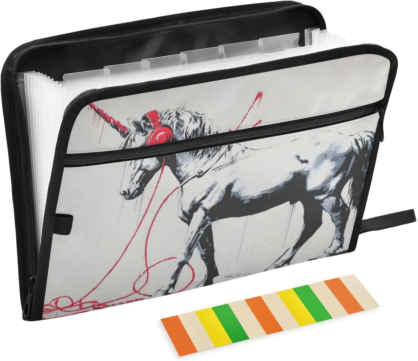 Horse Headphone Expandable Filing Folder, Funny & Cute Design with Sticky Labels, 13-Pocket A4 Letter Size Document Organizer for Office, Boys