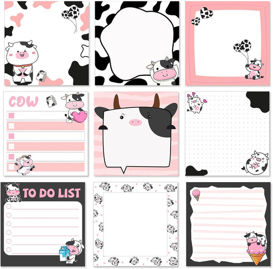 9 Pads Cow Sticky Notes 3x3 Inch Cute Self Stick Notepads Notes Adhesive Memo Pad Office Decor Gifts for Students School Teacher Meeting Office Supplies