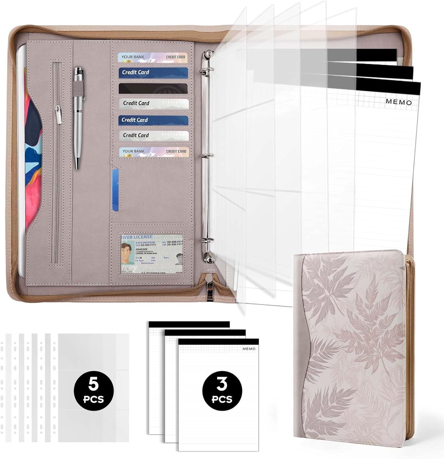 Padfolio Portfolio Folder Binder-Organizer Planner Notebook Zippered Portfolio Padfolio for Women & Men with Document Sleeve,Letter/A4 Size Clipboard,Business Card Holders (Brown Leaf)