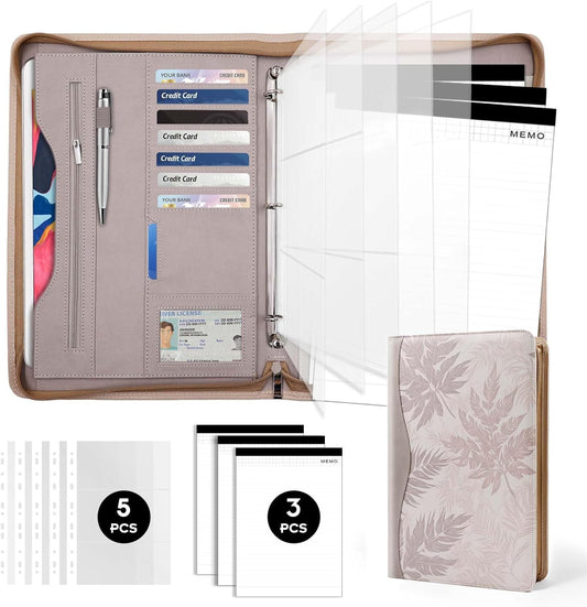 Padfolio Portfolio Folder Binder-Organizer Planner Notebook Zippered Portfolio Padfolio for Women & Men with Document Sleeve,Letter/A4 Size Clipboard,Business Card Holders (Brown Leaf)