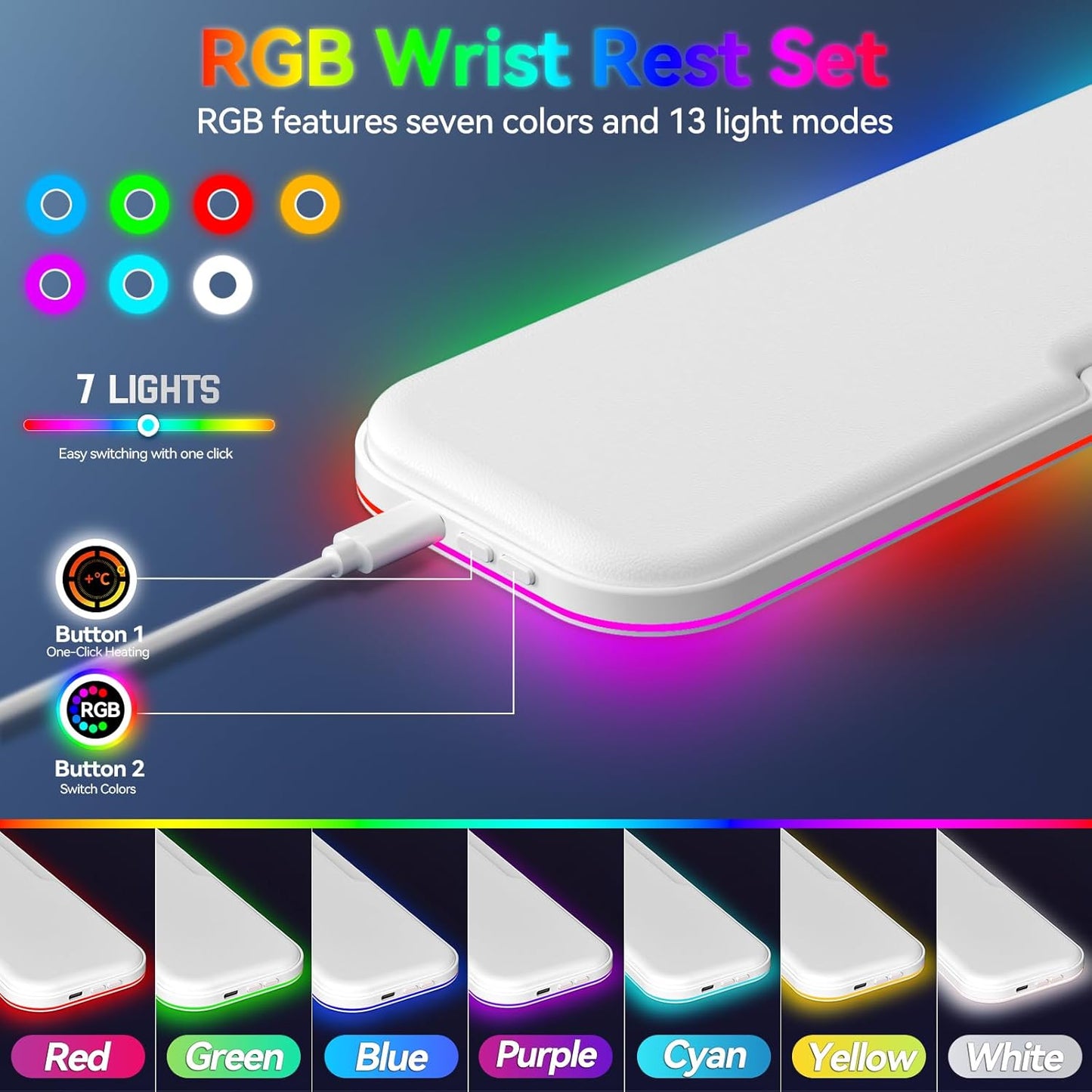2-in-1 Heated Wrist Rest Set, Ergonomic Memory Wrist Pad with RGB Lights and Non-Slip Base, Keyboard Mouse Wrist Rest for Computer Laptop Office Work and PC Gaming