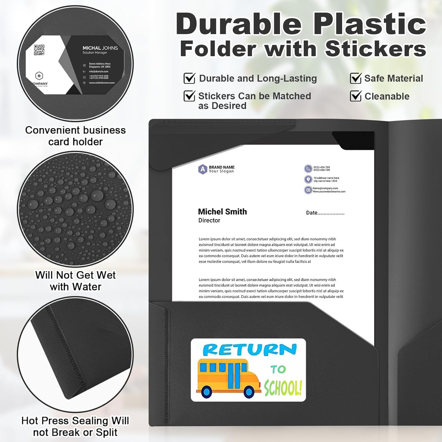 Henoyso 24 Set Parent Teacher Communication Folder with Clear Front Pocket Take Home Heavy Duty 2 Pocket Homework Folder for Student with School and Home Stickers, 12 x 9.45 Inch(Black)