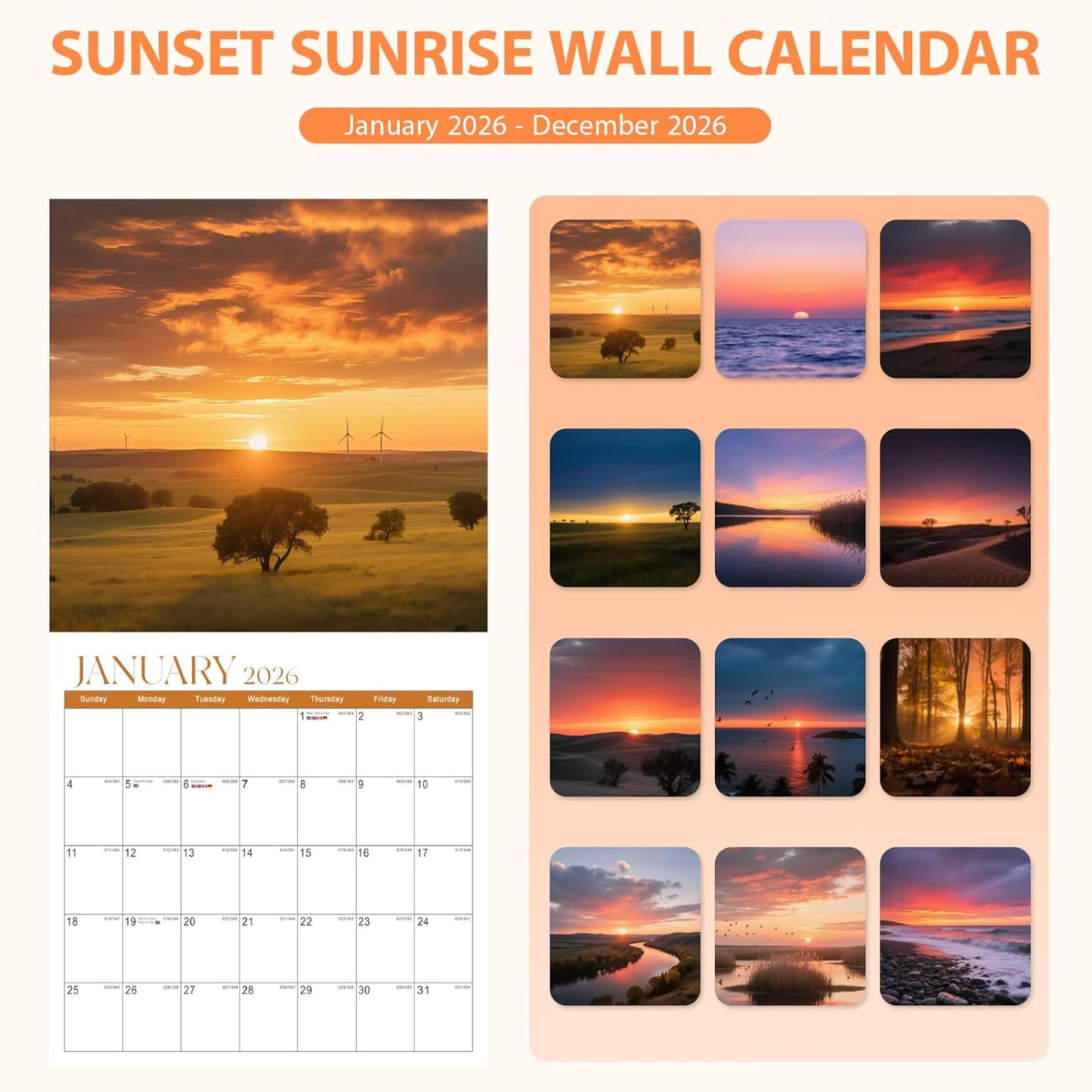2026 Calendar, 2026 Wall Calendar, Monthly Calendars 12 Month Sunset Sunrise 12" x 24" Opened, Thick Glossy Paper for Organizing Planning, Ideal for Home Office