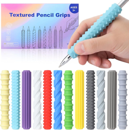 12 Pack Textured Silicone Pencil Grip for Adults Fidget Sensory Toys as ADHD Anxiety Focus Relief Tool Classroom Handwriting Pencil Sleeve Christmas Stocking Stuffers Gifts (Classic)