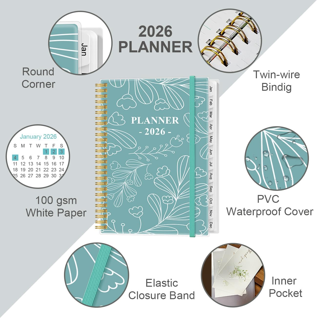 2026 Planner - 8.5" x 11" Weekly Monthly Planner from January 2026 to December 2026, Planners 2026 with 12 Monthly Tabs, Inner Pocket, Elastic Closure, Teal Leaf